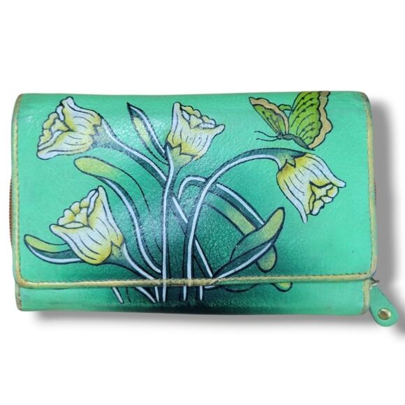 Magnifique Wallet Leather Trifold Wallet Butterfly Floral Hand Painted Wallet - Picture 1 of 14